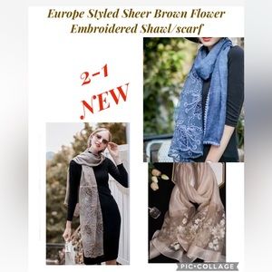 NEW 2-1 European Styled Linen/Cotton  Brown & Blue  Flower Embroidered